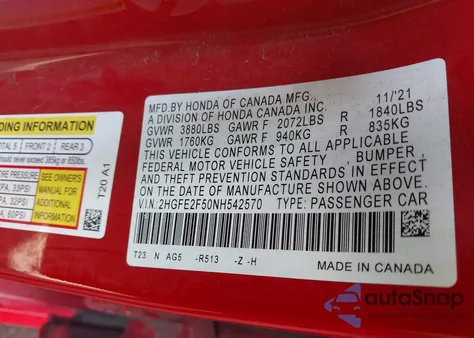 2022 Honda Civic Sport from USA, damaged, VIN 2HGFE2F50NH542570